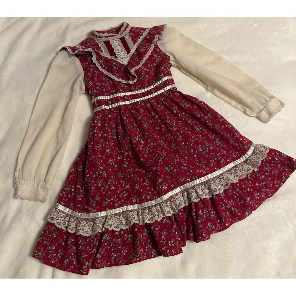 Vintage Gunne Sax Girls Dress 6X Burgundy Floral Lace Prairie Victorian Red - Picture 9 of 16